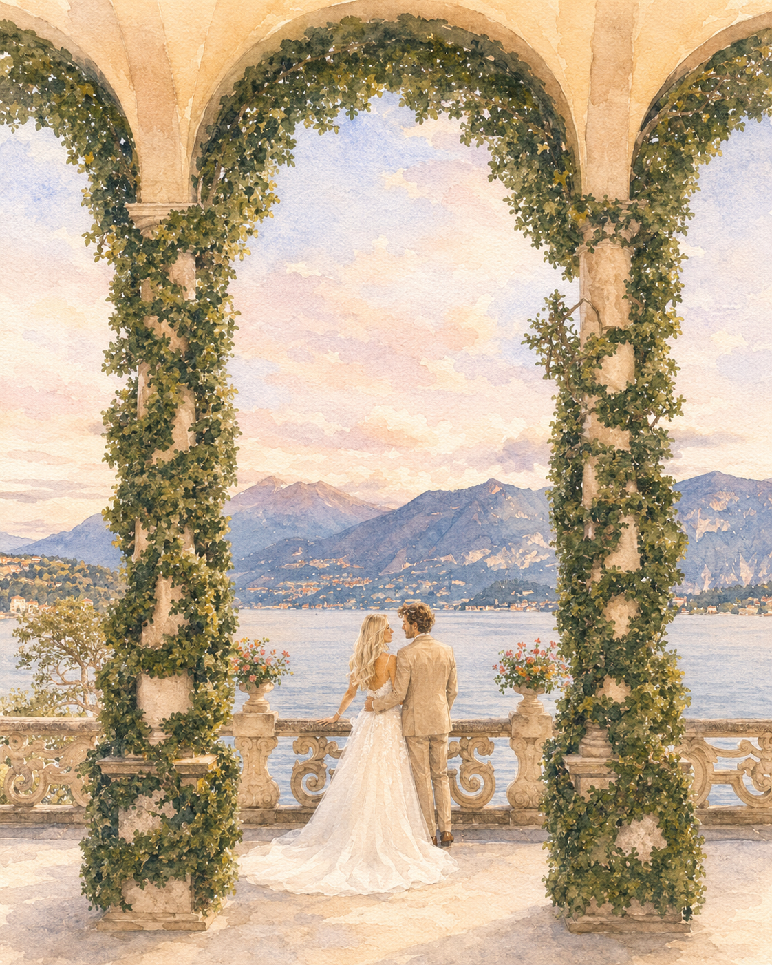 Watercolor scene of Karl and Liilia overlooking Lake Como beneath ivy-covered arches
