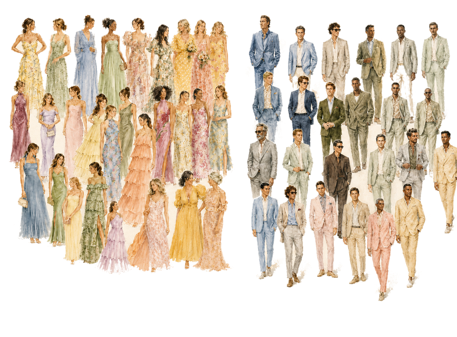 Watercolor wedding guest outfit inspiration with pastel dresses and light formal suits