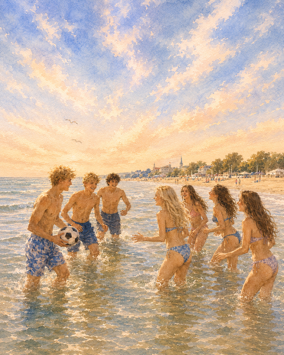 Watercolor scene of friends playing in the sea on a sunny beach day