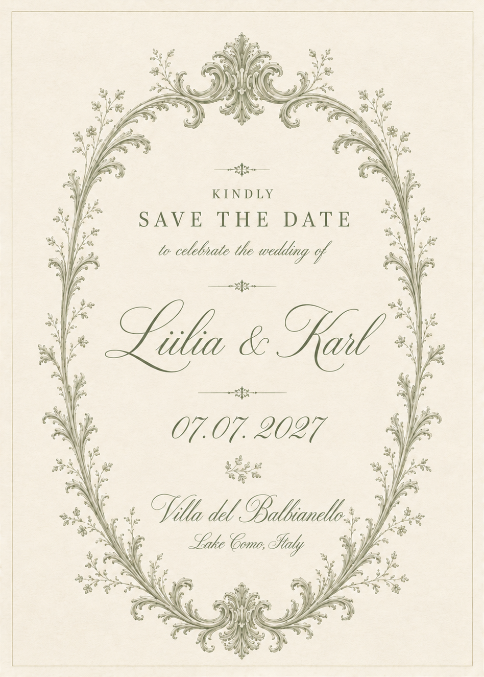Save the date invitation for Liilia and Karl, 07.07.2027, Villa del Balbianello, Lake Como, Italy