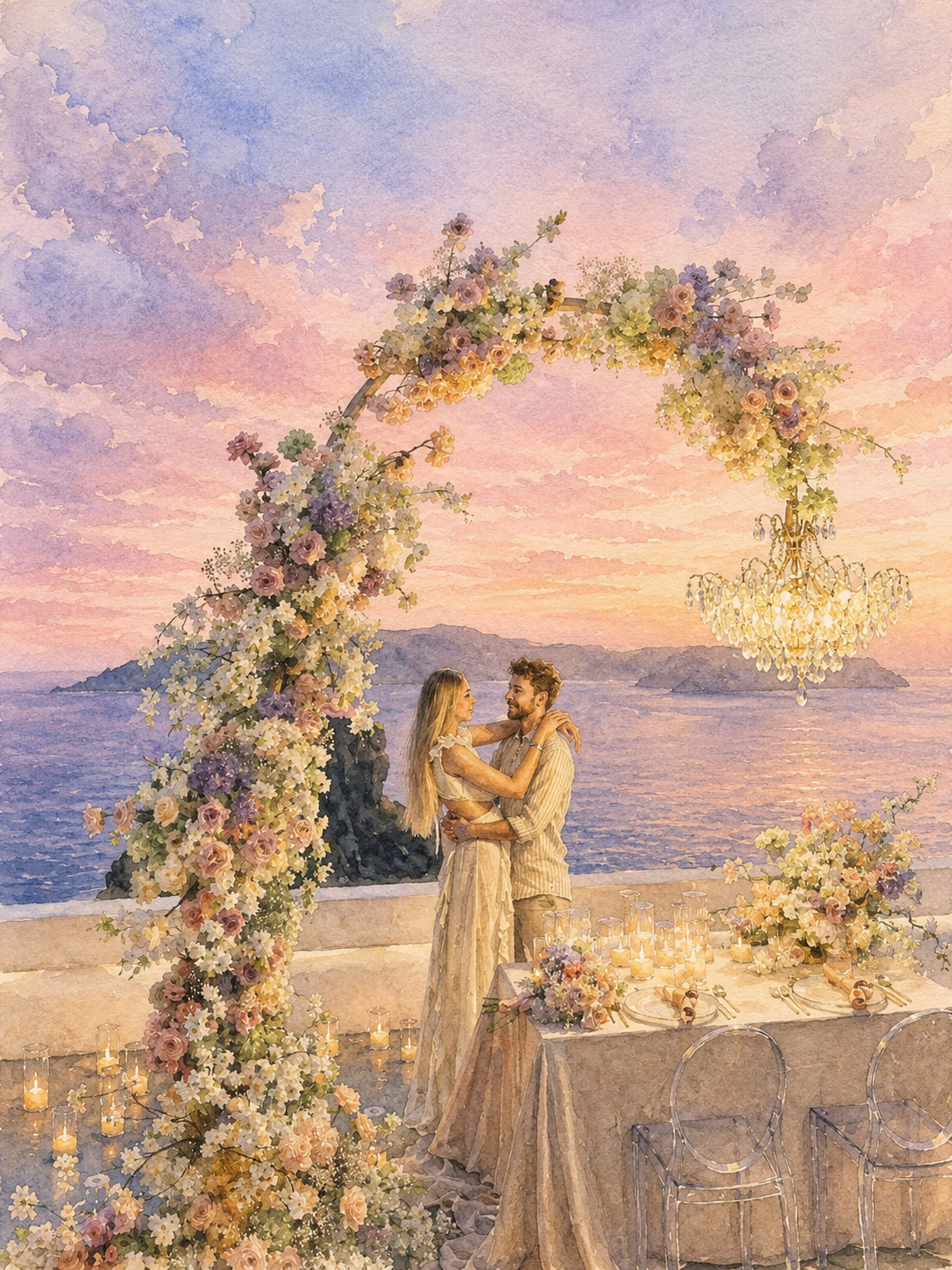 Watercolor scene of Karl and Liilia beneath a floral arch at sunset by the sea