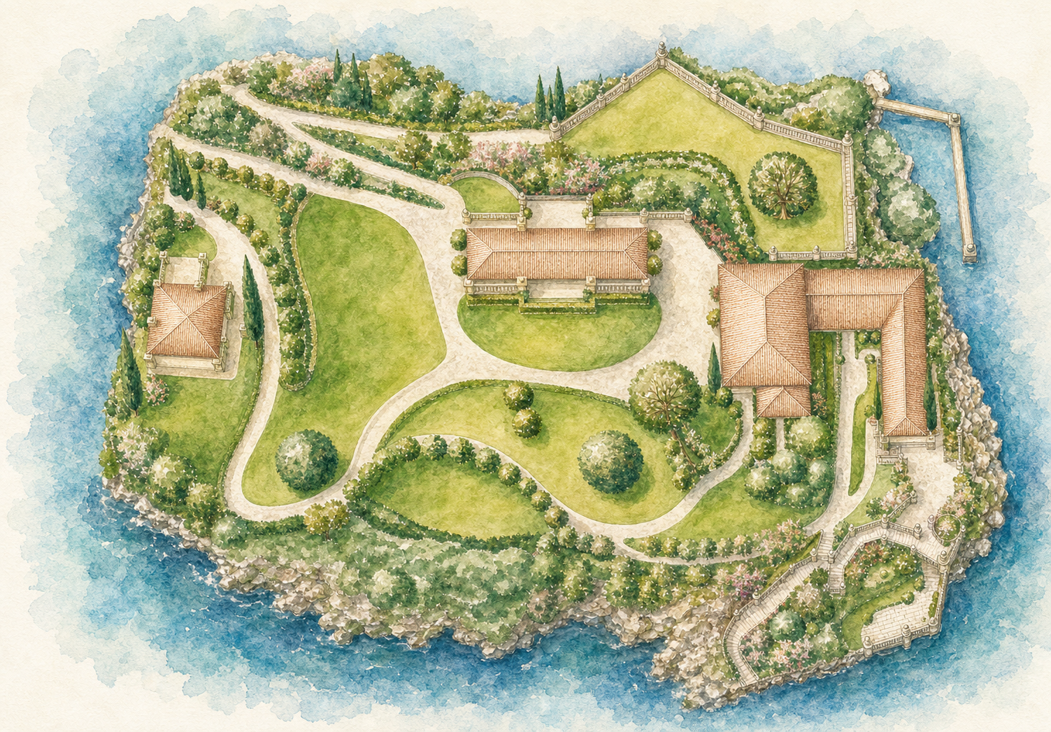 Illustrated garden map of Villa del Balbianello showing the ceremony at Loggia Durini and reception at Loggia Segrè