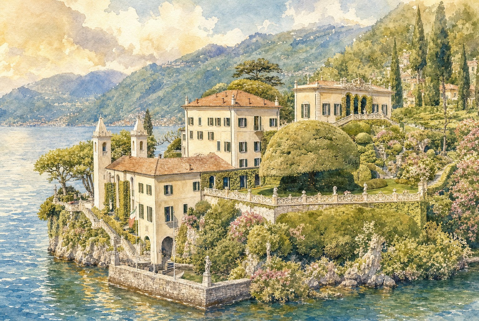Watercolor view of Villa del Balbianello on Lake Como